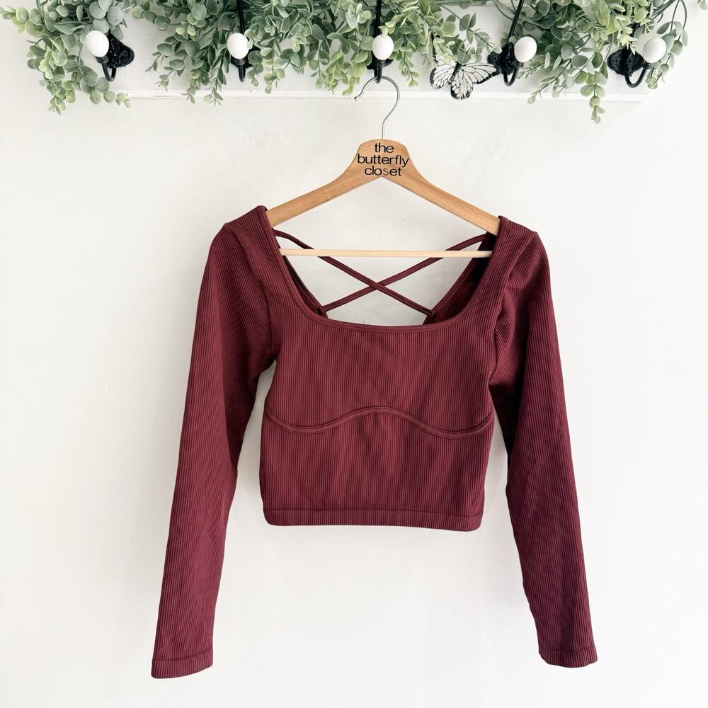 Halara Burgundy Ribbed Long Sleeve Crop Top Crisscross Back Size M AB5022